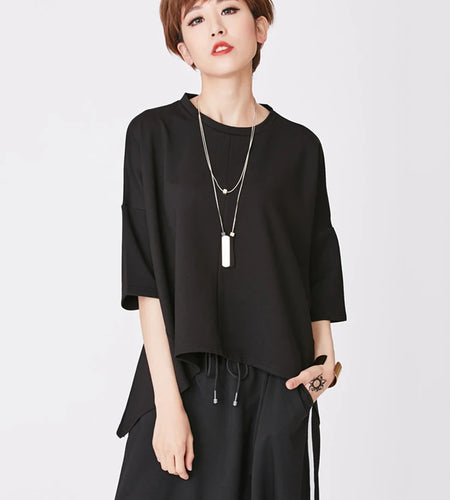 Women Black Back Zipper Irregular Big Size T-shirt New Round Neck Half Sleeve Fashion Tide Spring Summer 2025 1DJ1876