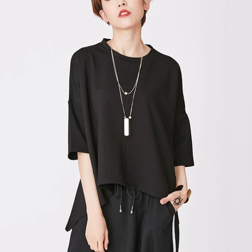 Load image into Gallery viewer, Women Black Back Zipper Irregular Big Size T-shirt New Round Neck Half Sleeve Fashion Tide Spring Summer 2025 1DJ1876
