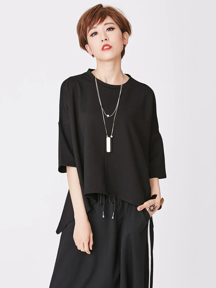 Women Black Back Zipper Irregular Big Size T-shirt New Round Neck Half Sleeve Fashion Tide Spring Summer 2025 1DJ1876