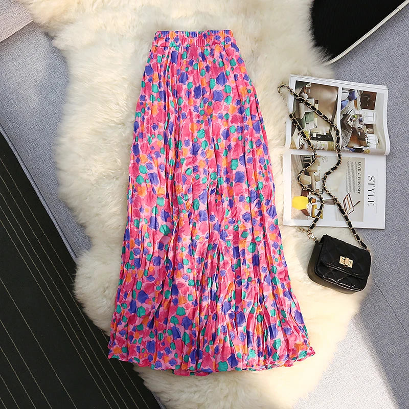 Vintage Floral Print Skirt Women's Summer Sweet Pleated Skirt Elastic High Waist A-line Fashion Plissee Skirts Elegant