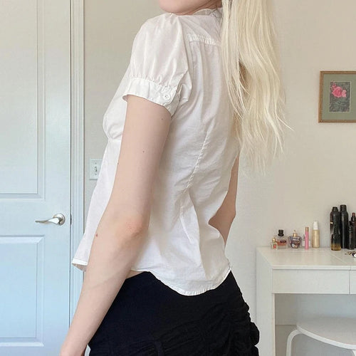 Load image into Gallery viewer, French Style Organ Folded Puff Sleeve White Shirts Women's Half High Collar Breasted Summer Blouse Slim-Fitting Tops
