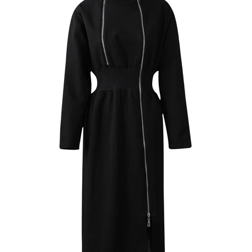 Load image into Gallery viewer, Women Black Zipper Irregular Hem Slit Midi Dress New Turtleneck Long Sleeve Fashion Tide Spring Autumn 2025 1DH9354
