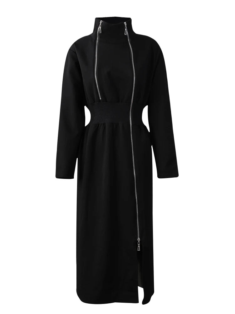 Women Black Zipper Irregular Hem Slit Midi Dress New Turtleneck Long Sleeve Fashion Tide Spring Autumn 2025 1DH9354