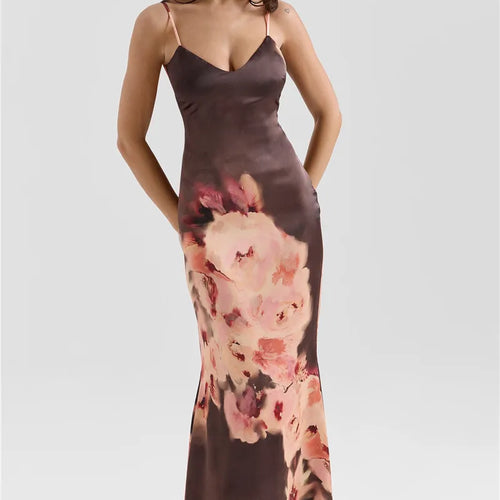 Load image into Gallery viewer, Satin Floral Print Sexy Maxi Dress Women Gown Elegant Spaghetti Strap Sleeveless Backless Bodycon Evening Club Dress
