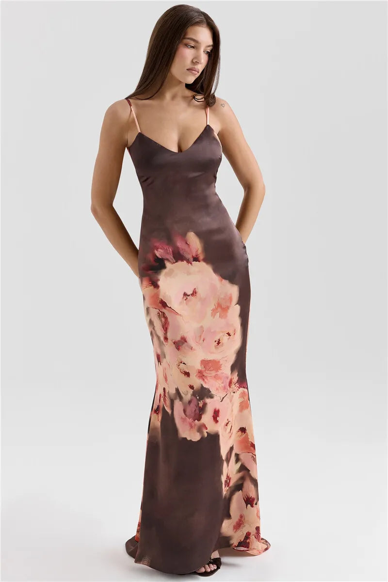 Satin Floral Print Sexy Maxi Dress Women Gown Elegant Spaghetti Strap Sleeveless Backless Bodycon Evening Club Dress