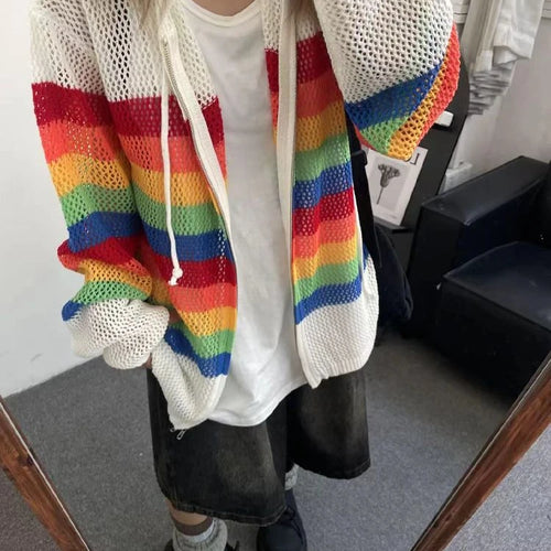 Load image into Gallery viewer, Vintage Striped Cardigan Hollow Out Y2k Aesthetic Hooded Drawstring Sweater Coat Harajuku Zipper Kardigany Jumper Pull Femme
