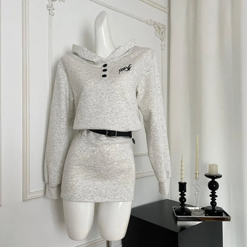 Load image into Gallery viewer, Autumn Beige Elegant Button Hoodie Sweatshirt Mini Dress Korean Fashion 2024 Women New Long Sleeve Vacation Slim Short Dress Y2k
