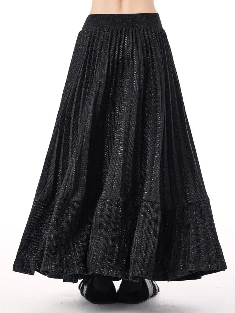 High Elastic Waist Silver Color Pleated A-line Pleated Half-body Skirt Women Fashion Tide New Spring Autumn 2025 1DJ0054