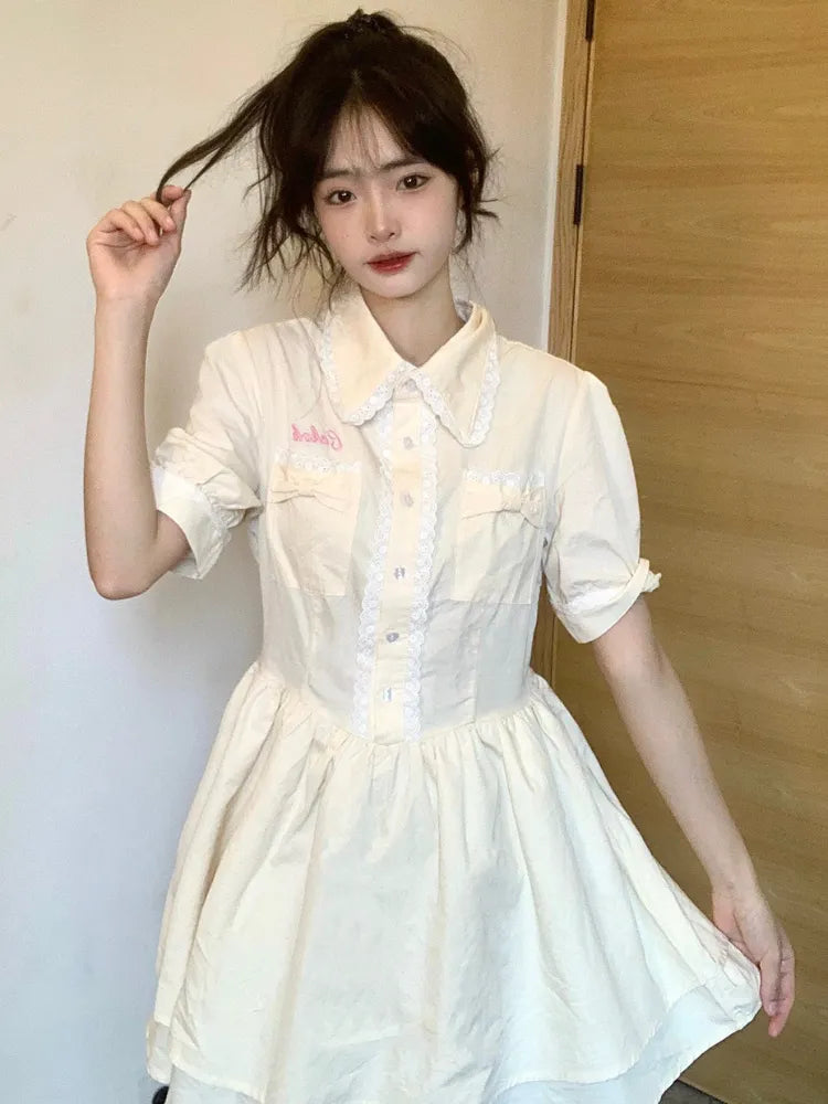 Sweet Kawaii Lolita Dress Women Japanese Cute Peter Pan Callor Lace Party Short Dresses Puff Sleeve Design