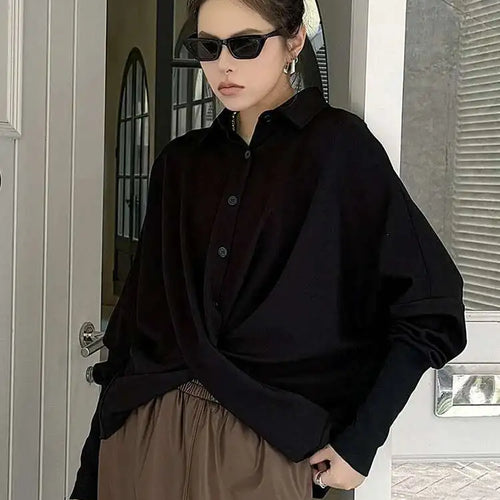 Load image into Gallery viewer, Women Black Irregular Cross Short Big Size Blouse New Lapel Long Sleeve Shirt Fashion Tide Spring Autumn 2025 Black
