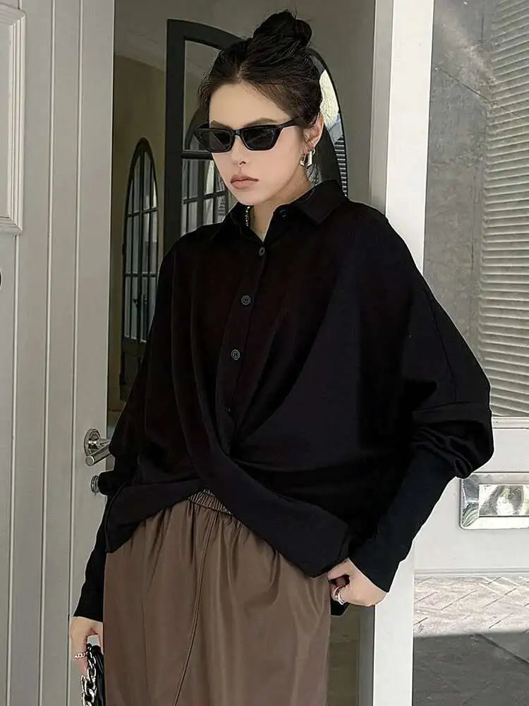 Women Black Irregular Cross Short Big Size Blouse New Lapel Long Sleeve Shirt Fashion Tide Spring Autumn 2025 Black