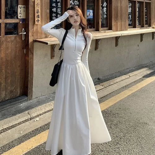 Load image into Gallery viewer, Autumn Korean Style Zip White Dress Women Kpop Wrap Long Sleeve Long Dresses Streetwear Solid Simple Ladies Chic
