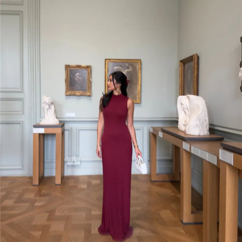 Load image into Gallery viewer, Half High Collar Sleeveless Knit Maxi Dress For Women Fashion Solid Bodycon Sexy Pleated Long Knitted Sweater Dress
