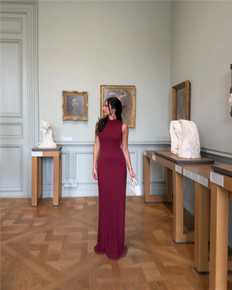 Half High Collar Sleeveless Knit Maxi Dress For Women Fashion Solid Bodycon Sexy Pleated Long Knitted Sweater Dress