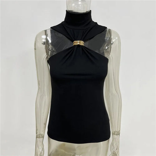 Load image into Gallery viewer, Turtleneck Basic Knit Tank Tops Women Vest Pullovers Metal Ring Camisole Sleeveless Skinny Knitted Tops Y2K Cropped Top
