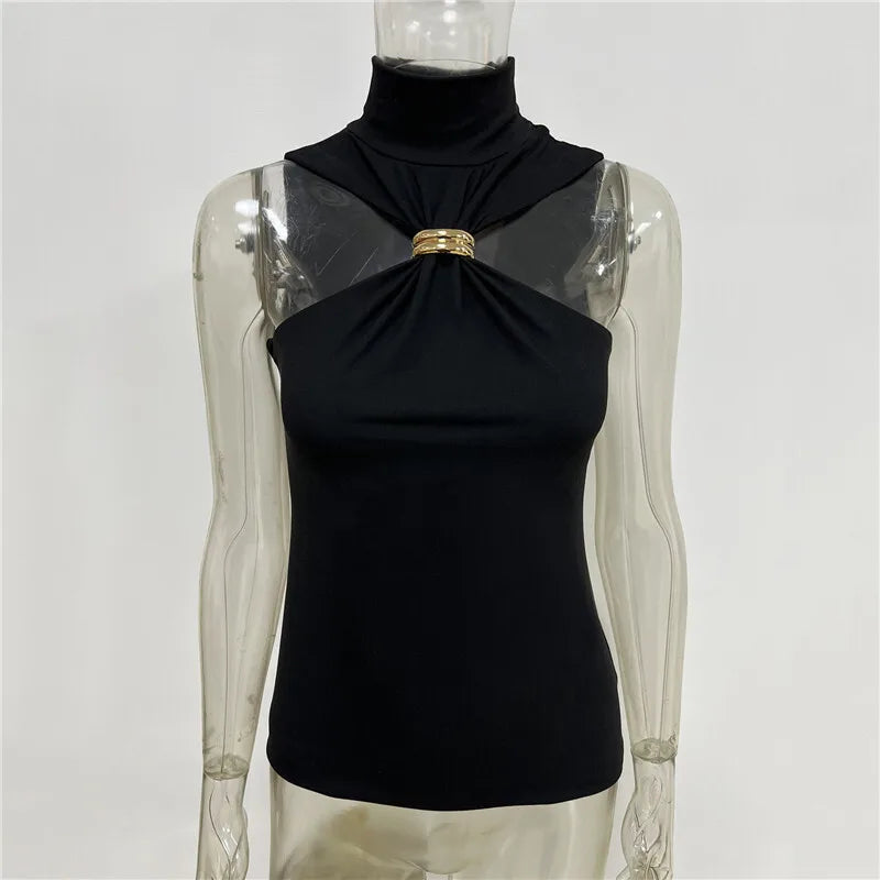 Turtleneck Basic Knit Tank Tops Women Vest Pullovers Metal Ring Camisole Sleeveless Skinny Knitted Tops Y2K Cropped Top