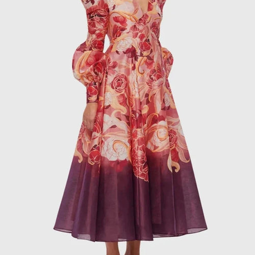 Load image into Gallery viewer, Vintage Hit Color Floral Printing Dresses For Women V Neck Lantern Sleeve High Waist Temperament Formal Dress Female Style
