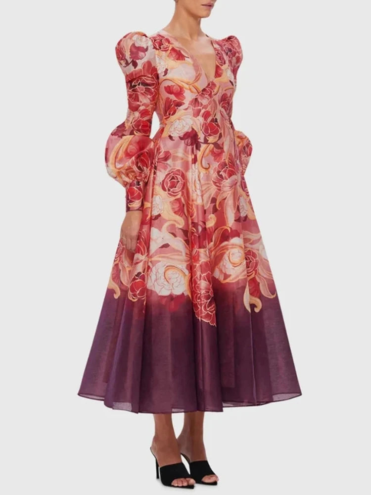 Vintage Hit Color Floral Printing Dresses For Women V Neck Lantern Sleeve High Waist Temperament Formal Dress Female Style