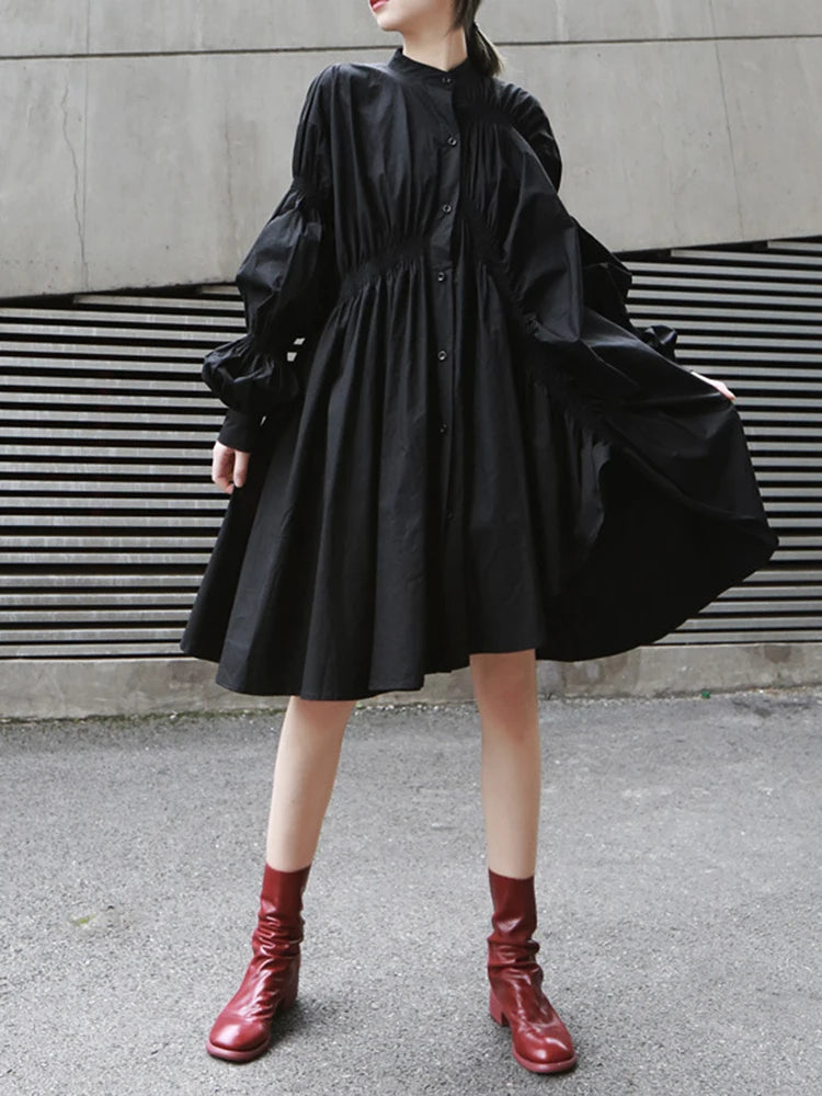 Women Blue Irregular Pleated Big Hem Shirt Dress New Stand Neck Long Sleeve Loose Fashion Tide Spring Autumn 2025 1DF9549