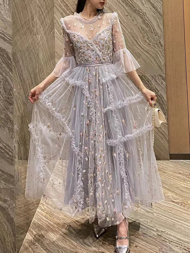 Embroidery Sheer Mesh Dresses For Women Round Neck Short Sleeve High Waist Floral Plrated Dress Female Fashion Clothing New