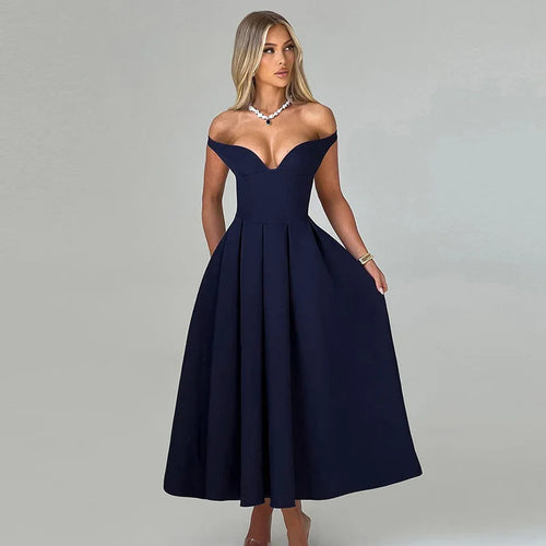 Load image into Gallery viewer, Off-shoulder Backless Pleated Maxi Dress Women Fashion Strapless Sleeveless High Waist A-line Club Long Dress Elegant

