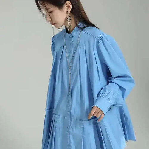 Load image into Gallery viewer, Women Blue Pleated Hem Long Big Size Blouse New Stand Collar Long Sleeve Shirt Fashion Tide Spring Autumn 2025 1DH5707
