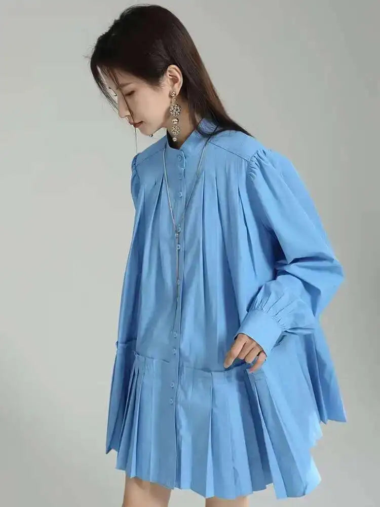 Women Blue Pleated Hem Long Big Size Blouse New Stand Collar Long Sleeve Shirt Fashion Tide Spring Autumn 2025 1DH5707