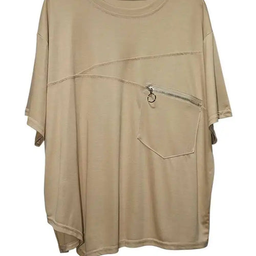 Load image into Gallery viewer, Women Black Irregular Hem Zipper Big Size Casual T-shirt New Round Neck Short  Sleeve Fashion Spring Summer 2025 1DJ0619
