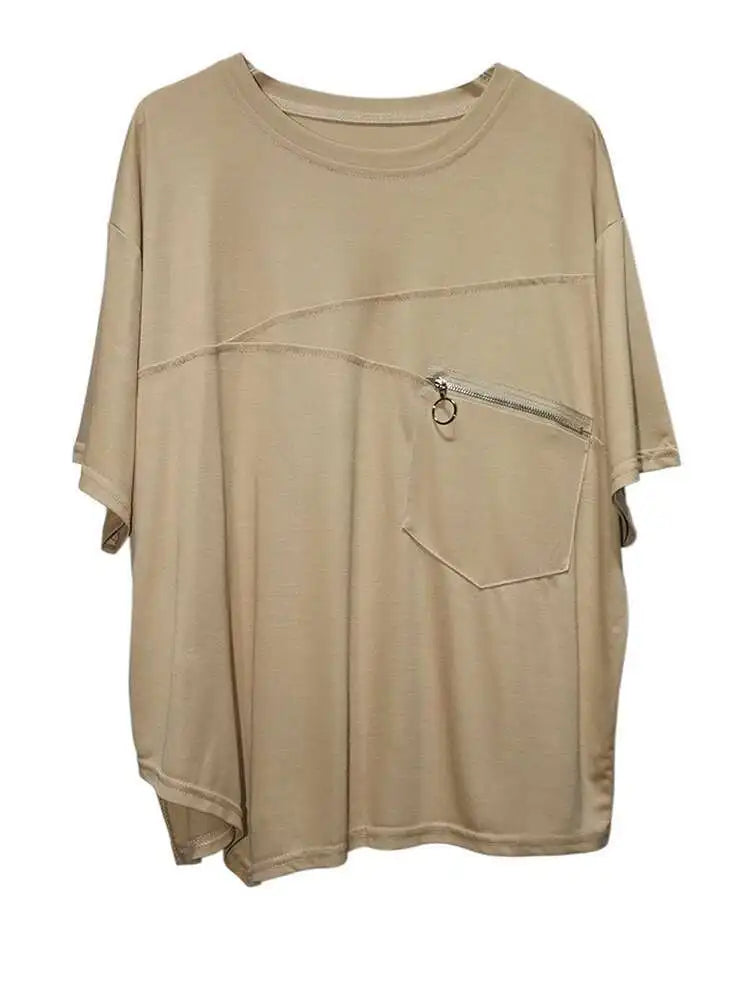 Women Black Irregular Hem Zipper Big Size Casual T-shirt New Round Neck Short  Sleeve Fashion Spring Summer 2025 1DJ0619