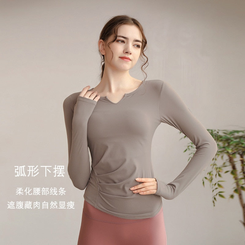Seamless Long Sleeves Sports Yoga T-shirt V-neck Fitness High-quality Tops Tight Running Gym Activewear Workout Clothes Woman