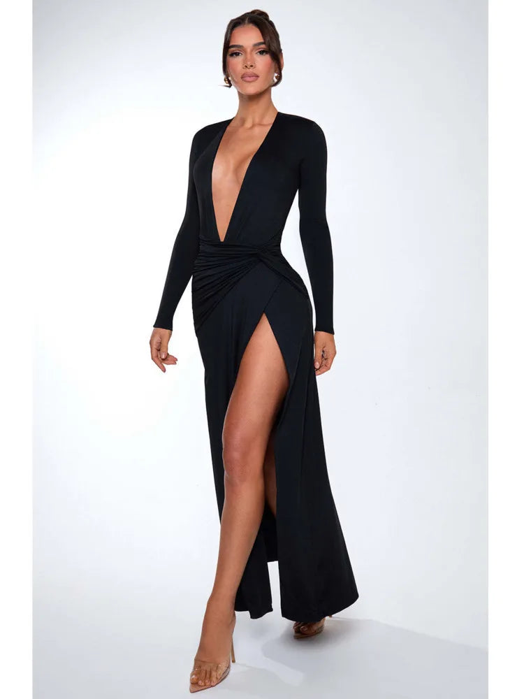 Elegant Re High Slit Bodycon Party Club Evening Dress Female Sexy Deep V Slimming Autumn/Winter 2025 New Women Vestdos