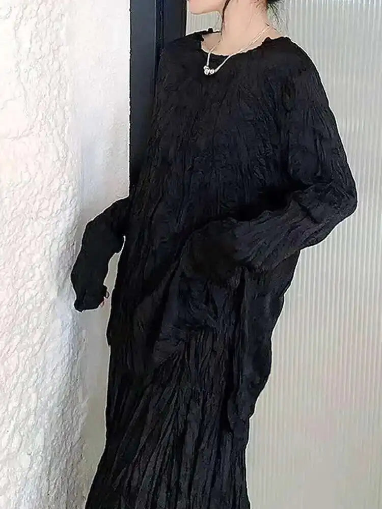 Women White Pleated Thin Big Size Casual T-shirt New Round Neck Long Sleeve Fashion Tide Spring Autumn 2025 1DH7229