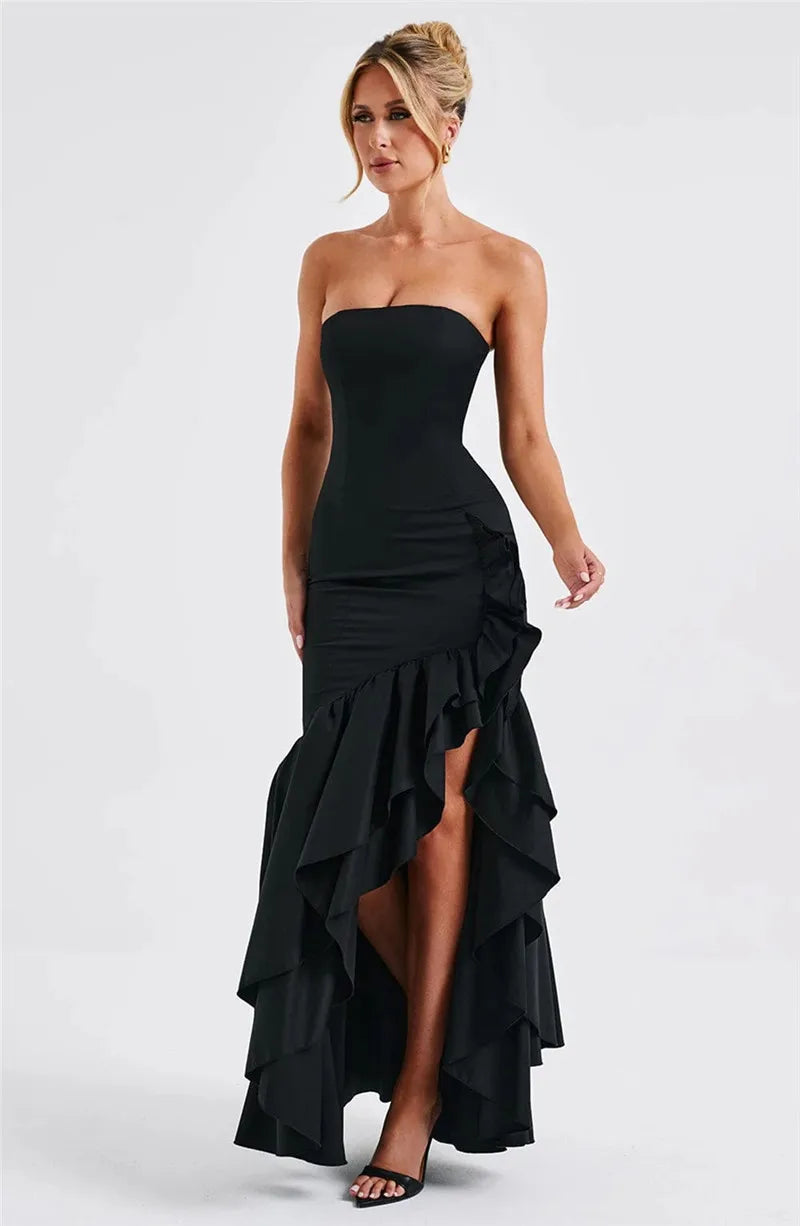 Strapless High Split Ruffle Long Dress For Women Fashion Off-shoulder Backless Sleeveless Bodycon Club Party Sexy Dress