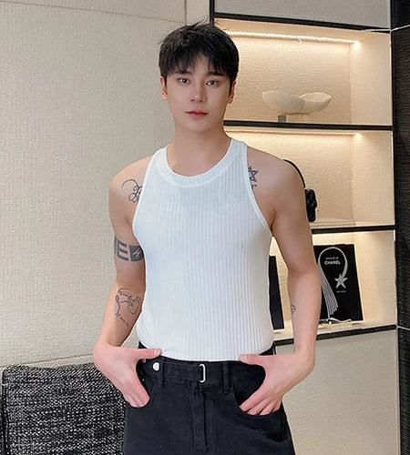 Vest Summer Round Neck Elastic Knits Tank Top Trend Sleeveless Fashion Solid Color Ribbed Pattern Male Top 9C5465