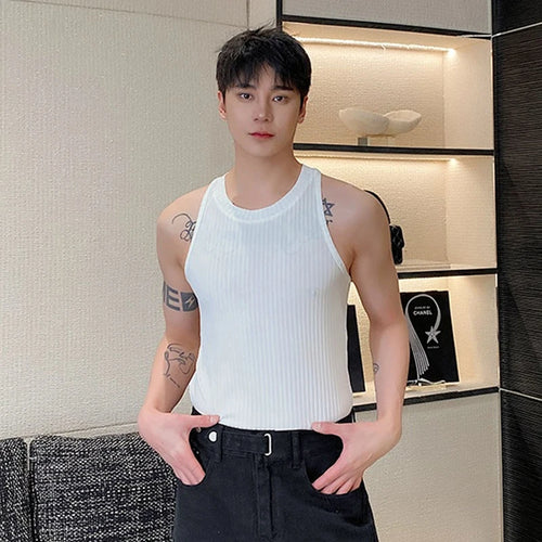 Load image into Gallery viewer, Vest Summer Round Neck Elastic Knits Tank Top Trend Sleeveless Fashion Solid Color Ribbed Pattern Male Top 9C5465
