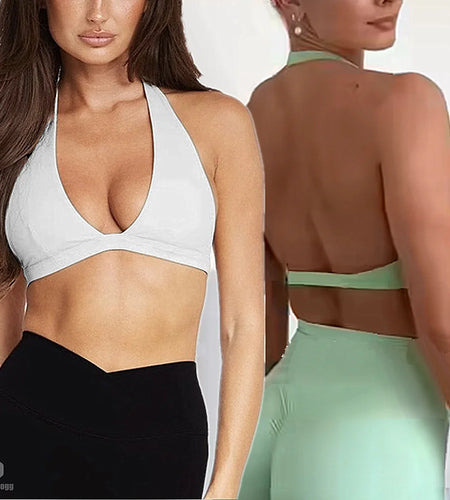 Nylon Halter Women Compression Lightweight Shockproof V Neck Sports Bra Outdoor Sports Running Bra Fitness Yoga Bra
