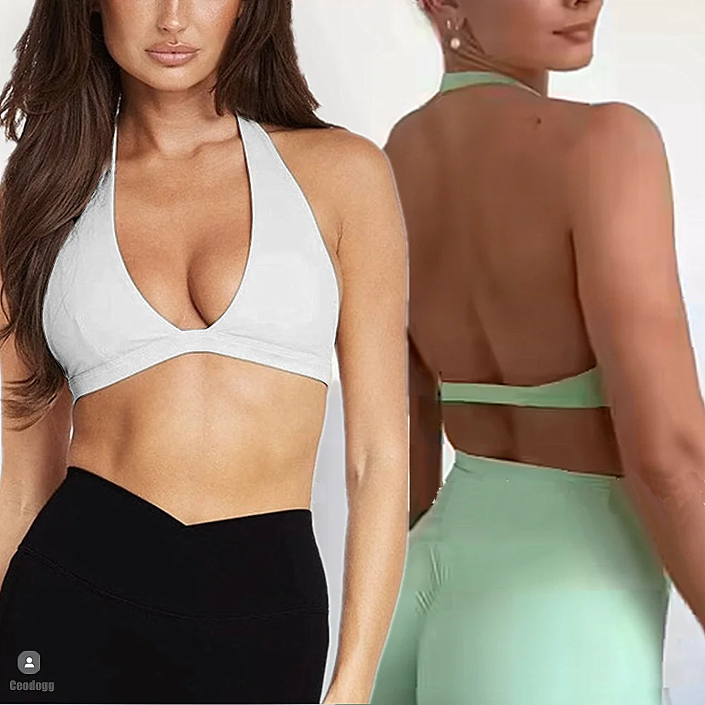 Nylon Halter Women Compression Lightweight Shockproof V Neck Sports Bra Outdoor Sports Running Bra Fitness Yoga Bra