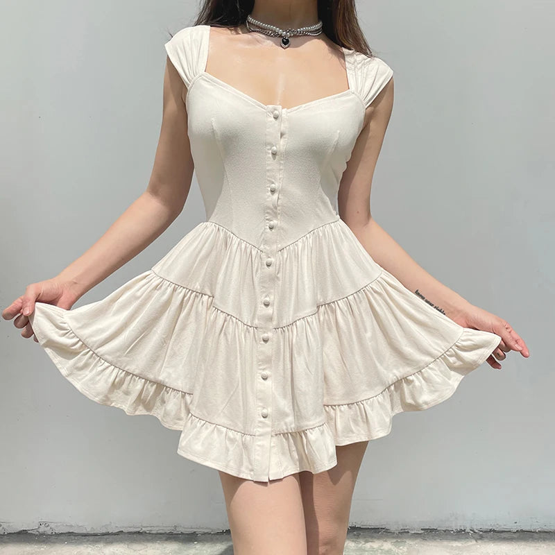 Fashion Square Neck Fold Buttons Birthday Party Dress Female Casual Boho Vacation A-Line Summer Dress Mini Chic Frill