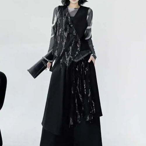 Load image into Gallery viewer, Big Size Irregular Vest Sequins Wide Leg Pants Two Piece Suit New V-Neck Sleeveless Women Fashion Tide Spring Autumn 2025
