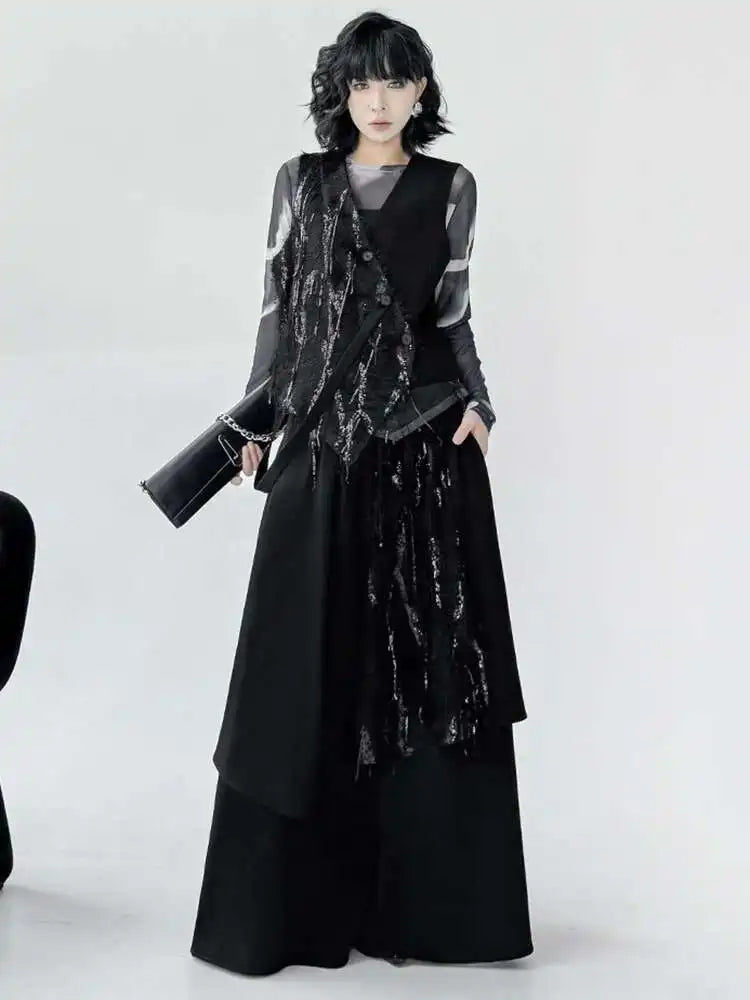 Big Size Irregular Vest Sequins Wide Leg Pants Two Piece Suit New V-Neck Sleeveless Women Fashion Tide Spring Autumn 2025