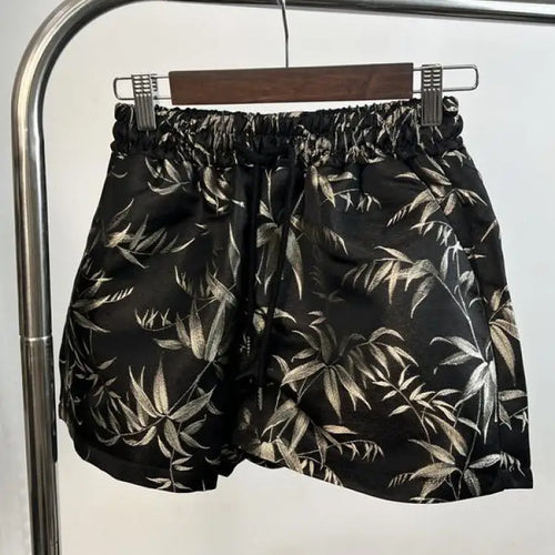 Load image into Gallery viewer, Vintage Women Drawstring Lace-up High Waist Jacquard Shorts Chinese Style Bamboo Leaf Print Wide Leg Short Pant 2024 New Summer
