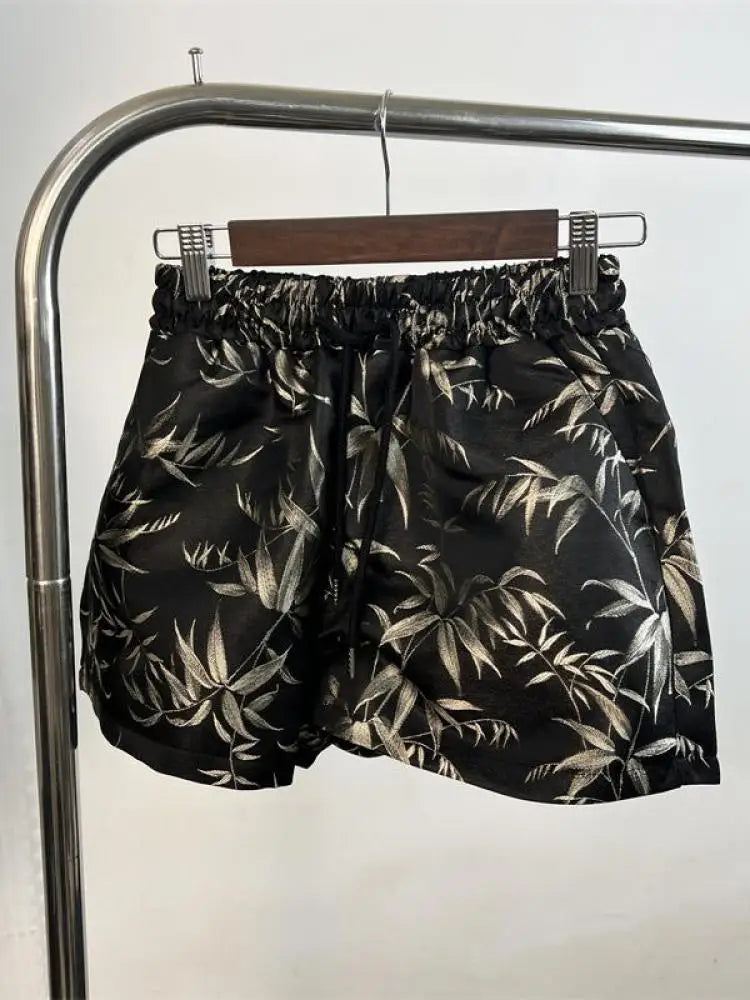 Vintage Women Drawstring Lace-up High Waist Jacquard Shorts Chinese Style Bamboo Leaf Print Wide Leg Short Pant 2024 New Summer