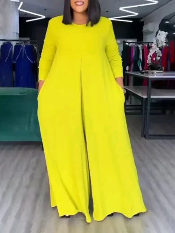Summer Fashion Afican Loose Soild Color JumpSuits for Women with Pockets Round-Neck Wide Leg Pants Jumpsuit Female