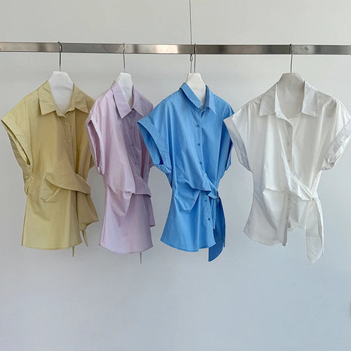 Load image into Gallery viewer, Women Purple Pleated Bandage Elegant Big Size Blouse New Lapel Short Sleeve Shirt Fashion Tide Spring Summer 2025 1DJ1362
