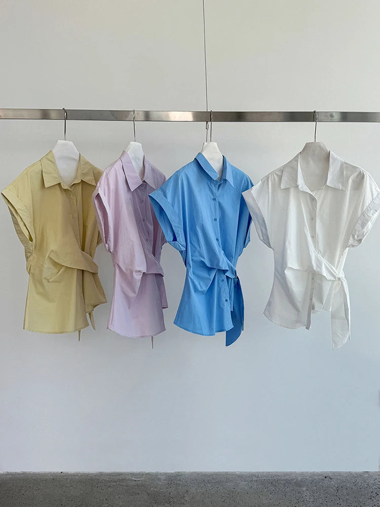 Women Purple Pleated Bandage Elegant Big Size Blouse New Lapel Short Sleeve Shirt Fashion Tide Spring Summer 2025 1DJ1362