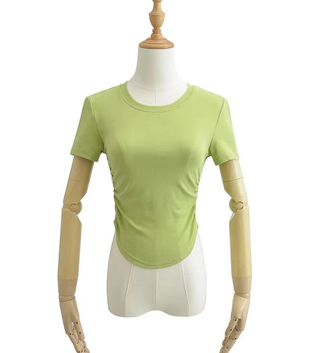 2024 Harajuku Women Crew Neck Short Sleeve Cotton Tee With Ruched Sides Detail T-shirts