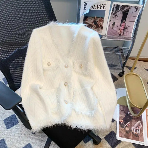 Load image into Gallery viewer, Korean White Imitation Mink Knitted Tops Women Spring Autumn Soft Cardigan Pink Sweater Casual Green Tassel Design Stripe Coat
