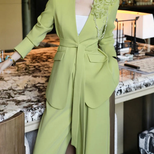 Load image into Gallery viewer, Temperament Two Piece Sets for Women V Neck Long Sleeves Spliced 3D Flower Blazer Wide Leg Pant Set Female Clothing
