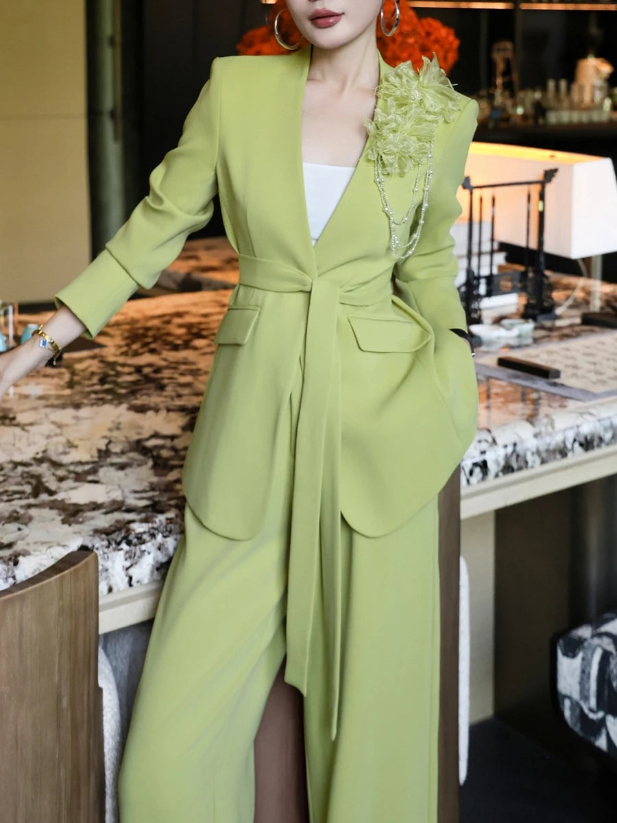 Temperament Two Piece Sets for Women V Neck Long Sleeves Spliced 3D Flower Blazer Wide Leg Pant Set Female Clothing