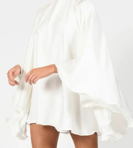 Women's White Turtleneck Long Ruffled Sleeves Backless Dress 2025 Summer Spring New Elegant Party Mini Dress Woman